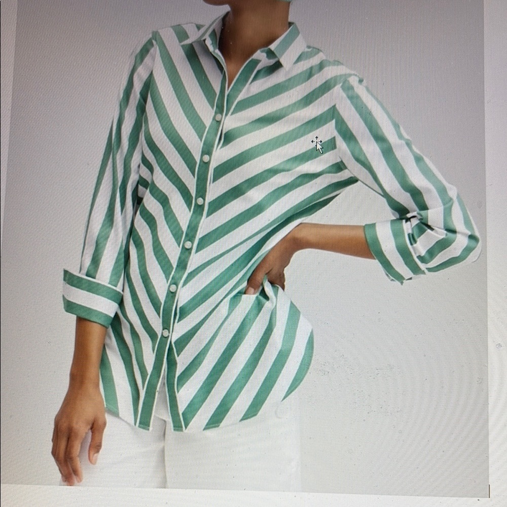 NWOT Chicos No Iron 3/4 Sleeve Green and White Striped Button-Up Shirt SZ:3
